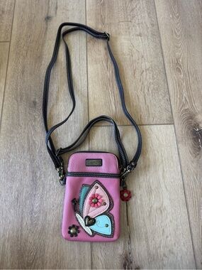 CHALA BLUE CREAM PINK BUTTERFLY CELL PHONE CROSSBODY PURSE ADJUSTABLE STRAP